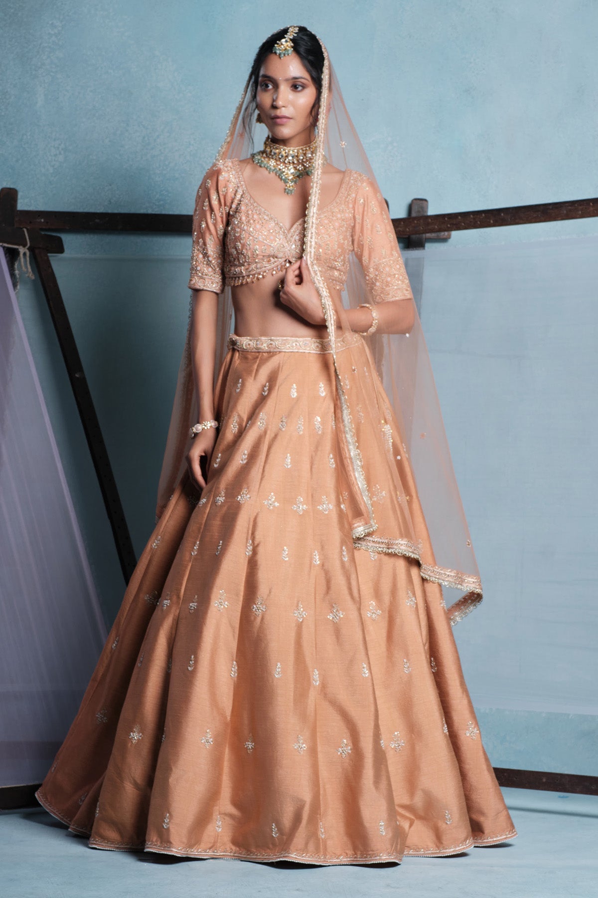 Buy Nude Sweetheart Neck Lehenga Set for women online available at Scrollnshops